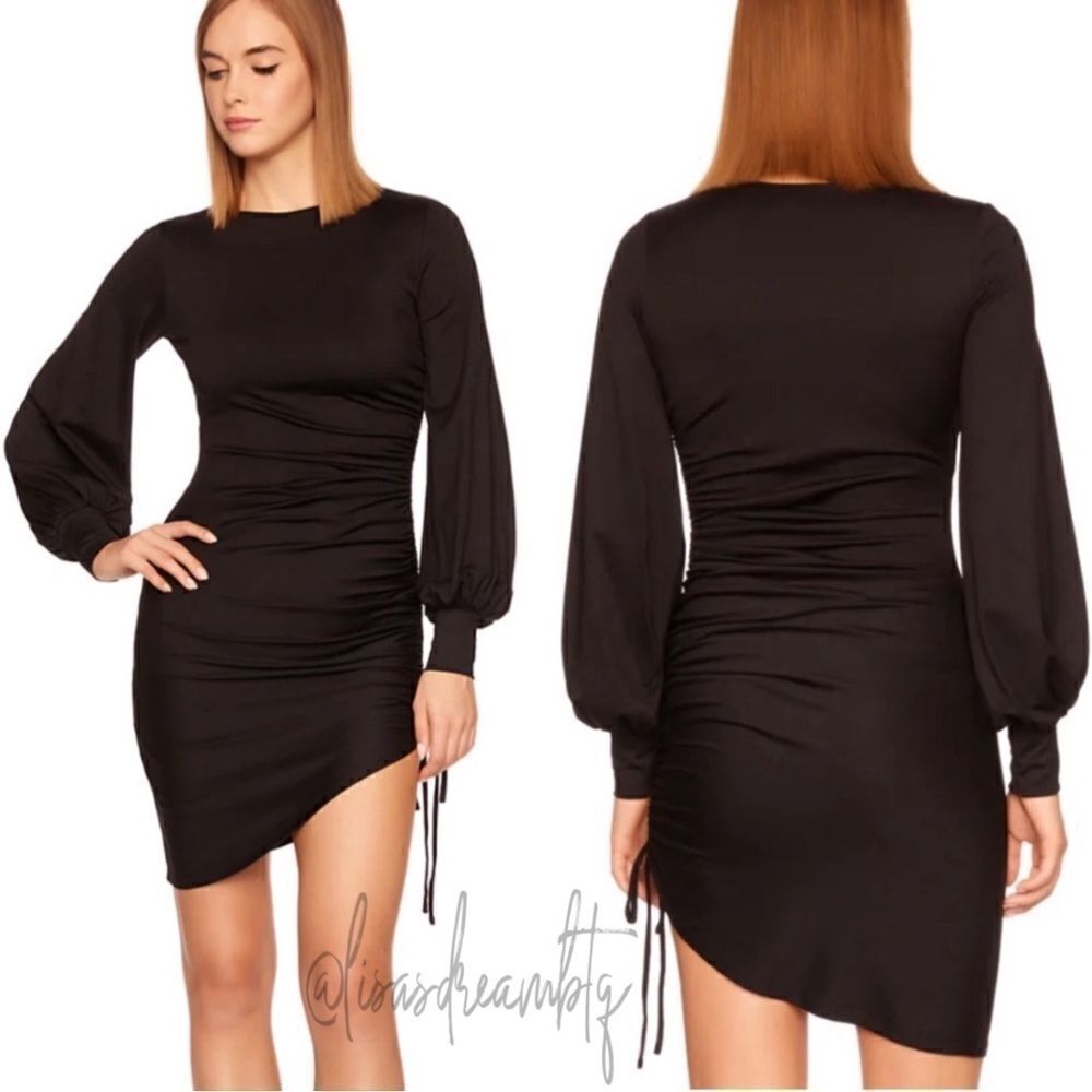 NWT Susana Monaco Balloon Sleeve Gathered Side Ruching with Tie Dress in Black